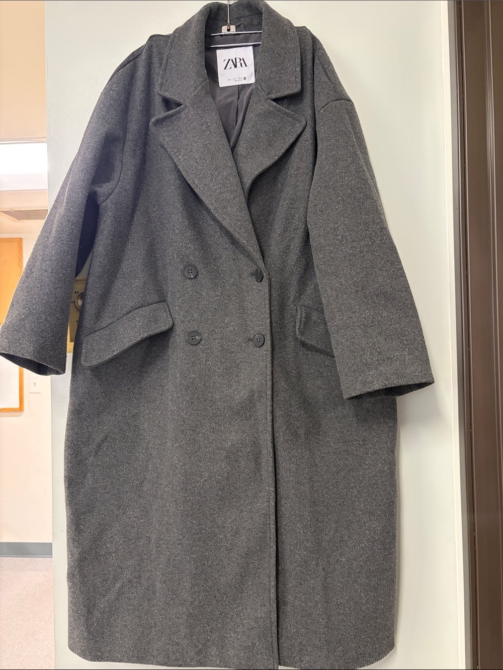 ZARA Charcoal Gray Double-Breasted Wool-Blend Pea Coat